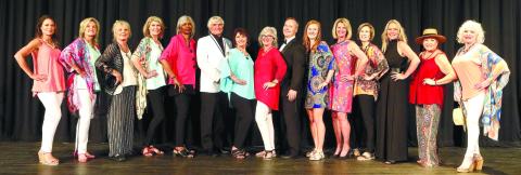 Following the fashion show, models, presenters and organizers gathered on stage from l-r: Ashley Culberson, Lisa Hanscom, Diana Arendt, Juleen DuBois, Josephine Giles, Rick Franks, Suzanne Ramsey, Melinda Spivey, Dr. Jay Spivey, Sarah Spivey, Charlotte Mosteller, Charlotte Engel, Tammy Beatty, Nellie Quiros and Cindy Falanga.