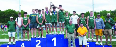 Gatewood’s head track and field coach Jeff Ratliff (yellow shirt) called his boys team’s rise from fifth overall to second statewide — thanks to an outstanding win in the 4X400-meter relay — “competition in its purest form.” CONTRIBUTED