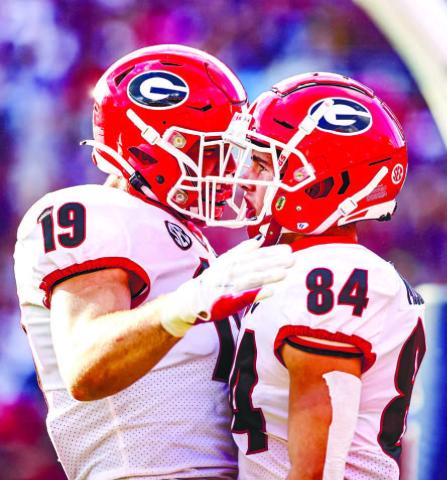 Georgia tight end Brock Bowers (19) and wide receiver Ladd McConkey (84) will be looked upon to get the offense back on track after three sluggish starts. ADAM WALSH/UGA Athletics