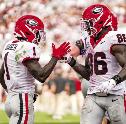 Georgia wide receiver Zachariah Branch (1) celebrates with teammate Dillon Bell (86) after he scored a touchdown in the second quarter against Mississippi State on Saturday, Nov. 8. Courtesy of UGA Athletics