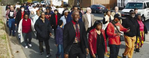 Led by Thedora Sneed (far right), the 2023 Martin Luther King Jr. March departed from the Newlife Outreach Christian Center on Agnes Street in Eatonton.