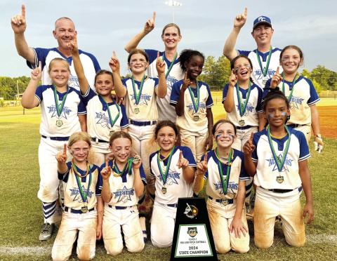Putnam County 10U Girls State Champions include (front row, l-r): Ally Stancil, Maycie Crawford, Evie Milbrath, Anna Heberling, and Zoiey Dennis; (middle row, l-r): Kamille Thrift, Breanna Moore, Jessi Mashburn, K’Leigh Jones, Nora Dodd, and Henleigh Rios, with coaches Jonathon Chambers, Dena Stancil, and Chad Crawford. (CONTRIBUTED)