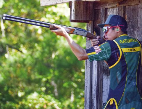 Gatewood’s Colton Cheek fires during the skeet portion of the event on Saturday at Old Hudson Plantation in Sparta. CONTRIBUTED
