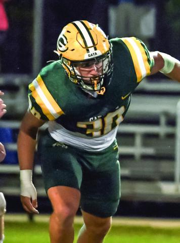 Gatewood lineman Sawyer Adkinson (30) had a strong showing for Gatewood on both sides of the ball against Brentwood, earning him Player of the Week honors from head coach Jeff Ratliff. IAN TOCHER/Staff