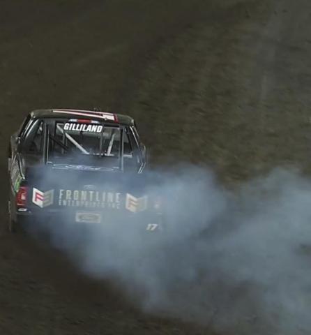 Todd Gilliland celebrates with a burnout after winning Saturday’s Truck Series Clean Harbors 150 at Knoxville (IA) Raceway. (Getty Images)