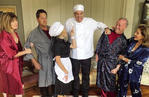 L-R: Michele Saarela, Lou Benjamin, Beth Mappes, Art Shutt, Michael Homeier, and Dianne Shinneman carry the entire acting load in PAPA’s production of “Don’t Dress for Dinner” later this month at The Plaza Arts Center in Eatonton. CONTRIBUTED