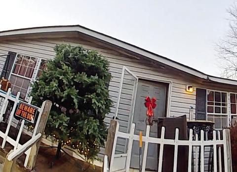 The stolen partial tree, partially adorned with lights, stands on the front porch where it was easily seen by the deputy when he pulled in the driveway of the residence. CONTRIBUTED/ PCSO