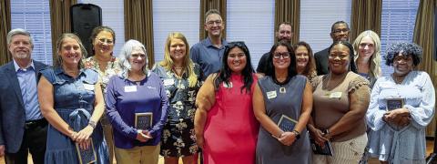 L-R: Eatonton-Putnam Chamber of Commerce CEO Robbie King, Brandy Parham, Maria Maddox, Carrie Pye, Adrianne Moore, Brandon Groome, Michelle Ruiz, William Biggers, Megan Fitzgerald, Erica Haley, Juana Dunn Davis, William Gilbert, Mallory Fitzgerald, and Denise Merrit. Not present: Franny Burton, Thomas Goss, Warren Linwood, and Kimberly Scott. IAN TOCHER/Staff