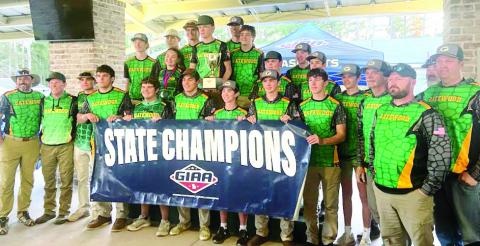 The 2025 State Champion Gatewood shotgun team was led by head coach Jacob Fried (far left), with help from Jason Cheek, Kevin Courchaine, Keith Davis, Jake Hill, Rich Lingle, Brandon Pierce, Walt Rocker, and John Wojtas. CONTRIBUTED