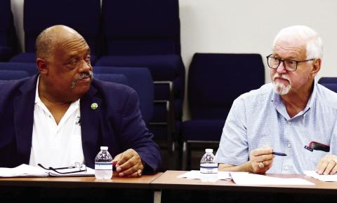Eatonton Mayor John Reid (left) and Putnam County Commission Chairman Bill Sharp presided together last month over a meeting to determine a T-SPLOST funds distribution plan. IAN TOCHER/Staff