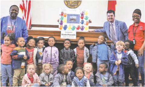 Putnam County Superior Court Clerk Trevor Addison (standing, second from right) welcomed Head Start students into the courthouse earlier this month. IAN TOCHER/Staff