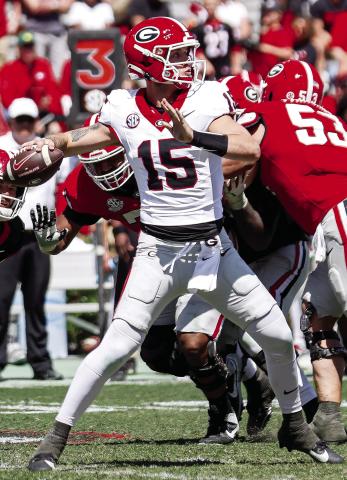 Carson Beck (15) during Georgia's spring game at Sanford Stadium in Athens April 13. (MADISON KEEL/UGA Athletics)
