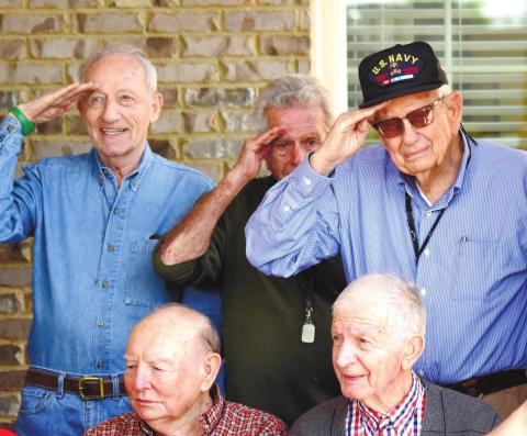 Smiling and giving a salute are, back row from left, Robert Landau, Robert Cooley, Joe Sam Rabun; front row from left, Bobby McElhannon and Clarence Thompson. LYNN HOBBS/ S t a ff