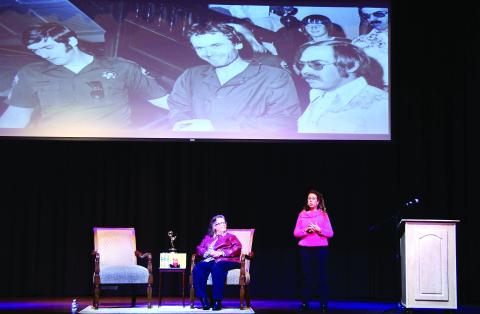 Joined onstage at The Plaza by Sheryl McCollum (seated), founder and director of the Cold Case Investigative Research Institute and emcee for the evening, serial killer survivor Kathy Kleiner-Rubin gave a moving, occasionally disturbing, and always revealing presentation Jan. 12-13 at The Plaza Arts Center in Eatonton. IAN TOCHER/Staff