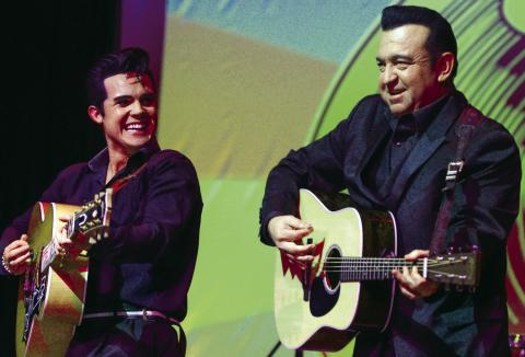 Riley Jenkins as Elvis Pressley (left) and Neil Morrow as Johnny Cash made up half of the quartet presenting “One Night in Memphis” last Thursday night at The Plaza Arts Center in downtown Eatonton. LEIGH LOFGREN/Staff