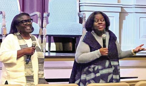 Cheryl Mashack (left) and Cathi Rowe, relatives of artist Nellie Mae Rowe and both involved with the Judith Alexander Foundation, addressed several questions from film goers at The Plaza Arts Center. IAN TOCHER/Staff