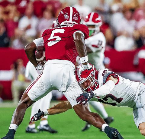 Alabama wide receiver Germie Bernard (5) leads the offense in receptions (15), receiving yards (275), and touchdowns (3). UGA ATHLETICS
