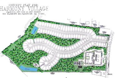 The site concept plan for Harmony Village provides for an assisted living center (lower) built alongside up to 124 individual, age-restricted cottages. CONTRIBUTED