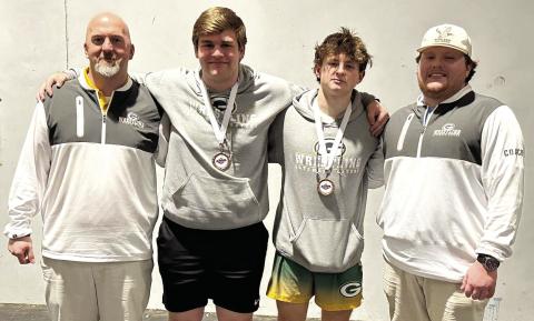 From (L to R): Gatewood wrestling head coach Tyler Van Dusen, wrestlers Tyler Middleton and Jackson Hewatt, with assistant coach Connor Richards. CONTIBUTED