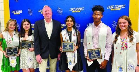 From the Lake Oconee Elks Lodge class of 2022 (left to right): Gabrielle Gruszynski, Idill Ertuk, Frank Rowan (scholarship chairman), Bhumi Sukha, Kyle Beasley and Ally Blythe. CONTRIBUTED