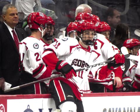 UGA Ice Dawgs head coach John Camp (far left) watches his players make a line change Saturday morning during the 27th annual Savannah Hockey Classic at Enmarket Arena. IAN TOCHER/Staff