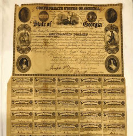 A pane featuring a sheet of coupons for Georgia’s share of bonds sold to investors during the Confederate war effort. RUFUS ADAIR/Staff
