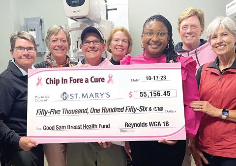 Members of Reynolds Women’s Golf Association 18 Holers present a check from this year’s Chip in Fore a Cure to St. Mary’s Good Samaritan Hospital in one of the hospital’s mammography rooms. CONTRIBUTED