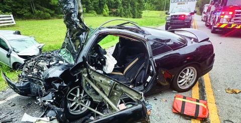 Three Eatonton men remain hospitalized in serious and critical condition from injuries sustained in a head-on collision that involved this Mitsubishi Eclipse and Toyota Corolla Saturday. CONTRIBUTED/PCSO