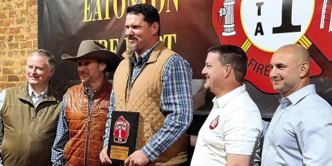 L-R: Eatonton Fire Chief Jamey Williamson, EFD Deputy Chief Cooper Rainey, EFD Firefighter of the Year Captain Matt Kitchens, EFD Deputy Chief Rodney Vining, and EFD Captain Armando Moreno. CONTRIBUTED