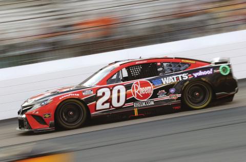 Christopher Bell, driver of the #20 Rheem/WATTS Toyota, rumbles to the win Sunday in the Cup Series Ambetter 301 at New Hampshire Motor Speedway. (Tim Nwachukwu/Getty Images)