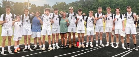 The 2024 Gatewood Gators soccer team includes (l-r): Adam Harvey, Grayson Lattimore, Caleb Harvey, Parker Holle, Bodie Corry, Colt Jenkins, coach Cindy Gregory, Gage Rainey, Jayden Daniel, Charlie Randolph, Luke McNeil, Blake Callaway, JT Gregory, and John Van de Planque. CONTRIBUTED