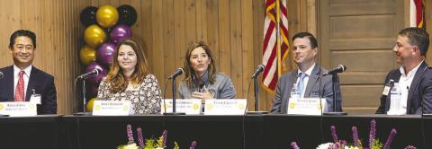 Pictured are, from left, Steve Jahng of SK Battery America; Tracy Fordham of Qarbon Aerospace; Ashley Campbell of Robins Air Force Base; Tyson Firlotte of Irving Consumer Products; and Stephen Adams of Macon-Bibb County Industrial Authority. COURTESY OF THE LT. GOVERNOR’S PRESS OFFICE