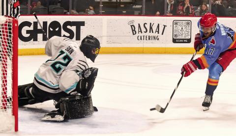 Rock Lobsters veteran Filip Virgili fires the winning goal in the shootout past Columbus goaltender Trevor Babin. IAN TOCHER/Staff
