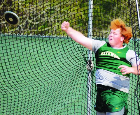 Gatewood’s Blake Daniel placed third in discus (shown), but took the top spot in shot put last Wednesday in Eatonton. IAN TOCHER/Staff
