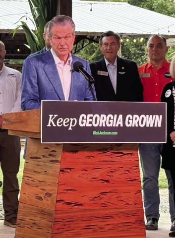 Rick Jackson, Republican nominee for Georgia governor, outlines his plans for agriculture Sept. 24 at Cagle’s Farm in Canton. TY TAGAMI/Capitol Beat
